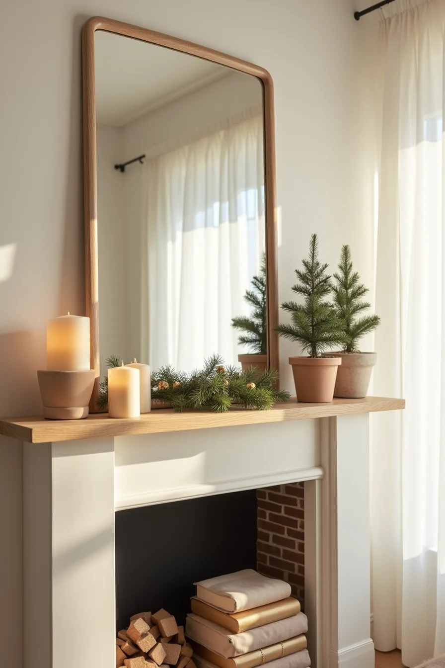 Symmetrically arranged candles, potted evergreens, wrapped boxes, and a central mirror decorate a fireplace mantel.