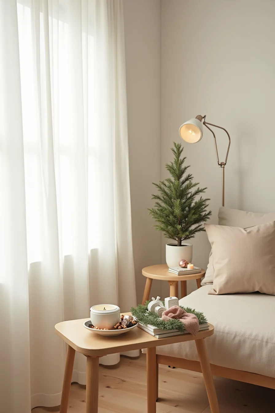 Three side tables each display different seasonal arrangements: candles with greenery, ornaments in a bowl, and a potted