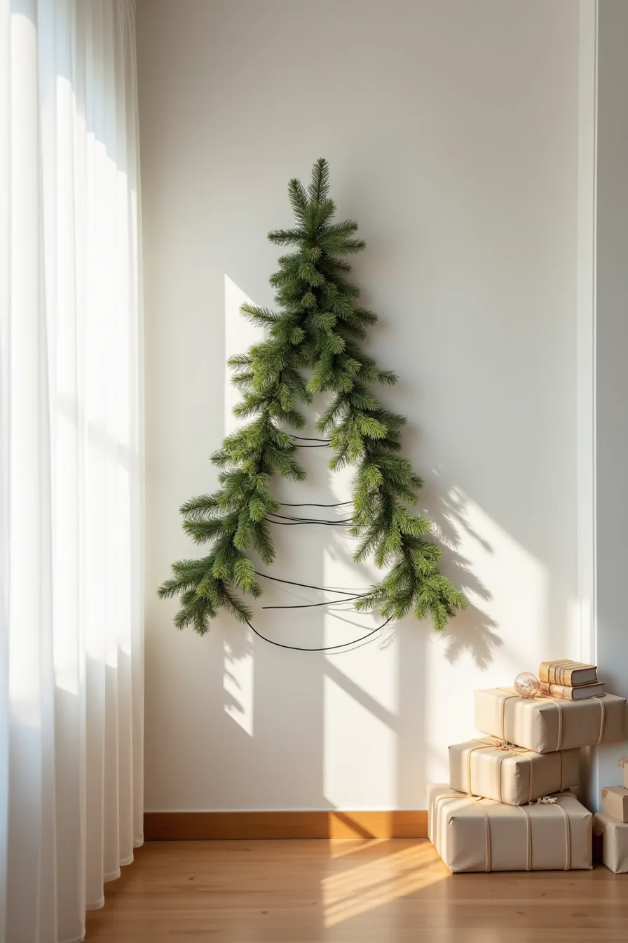 A wall-mounted garland forms a triangular tree shape with wrapped gifts stacked at its base on a hardwood floor.