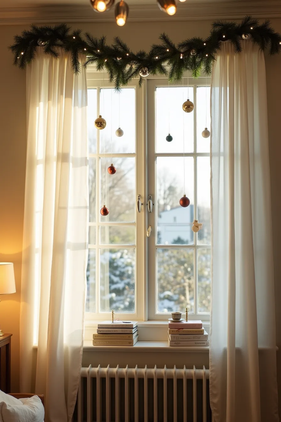A window sill and frame are decorated with garland, lights, and ornaments hanging at different heights from fishing line.