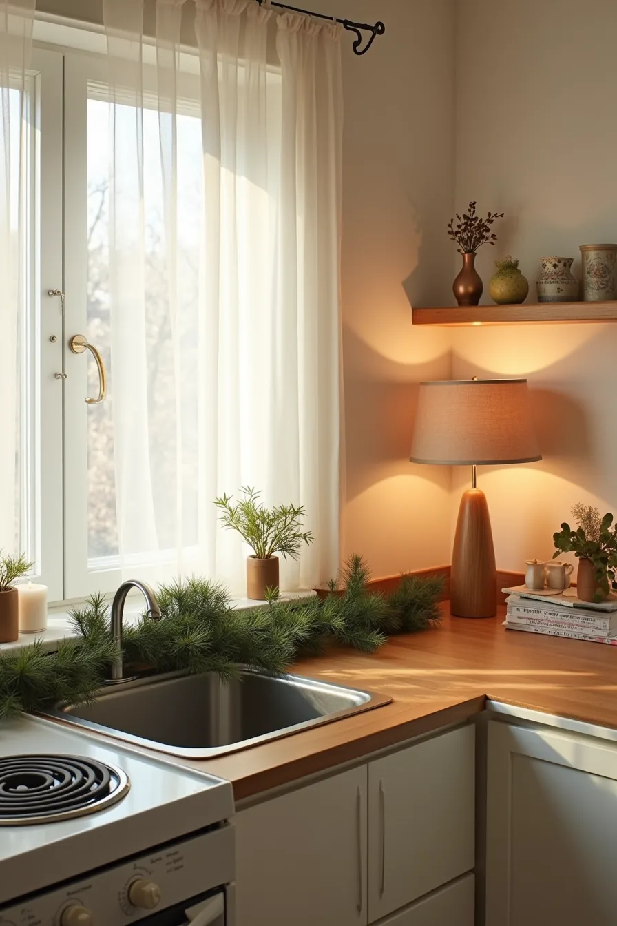 Kitchen counter with garland on stovetop, candles near curtain, and decorations blocking cabinet handles creating safety