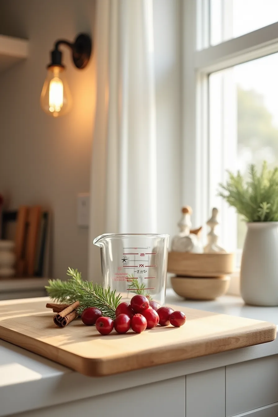 Wooden cutting board filled with fresh cranberries, cinnamon sticks, evergreen sprigs, and a clear glass measuring cup.