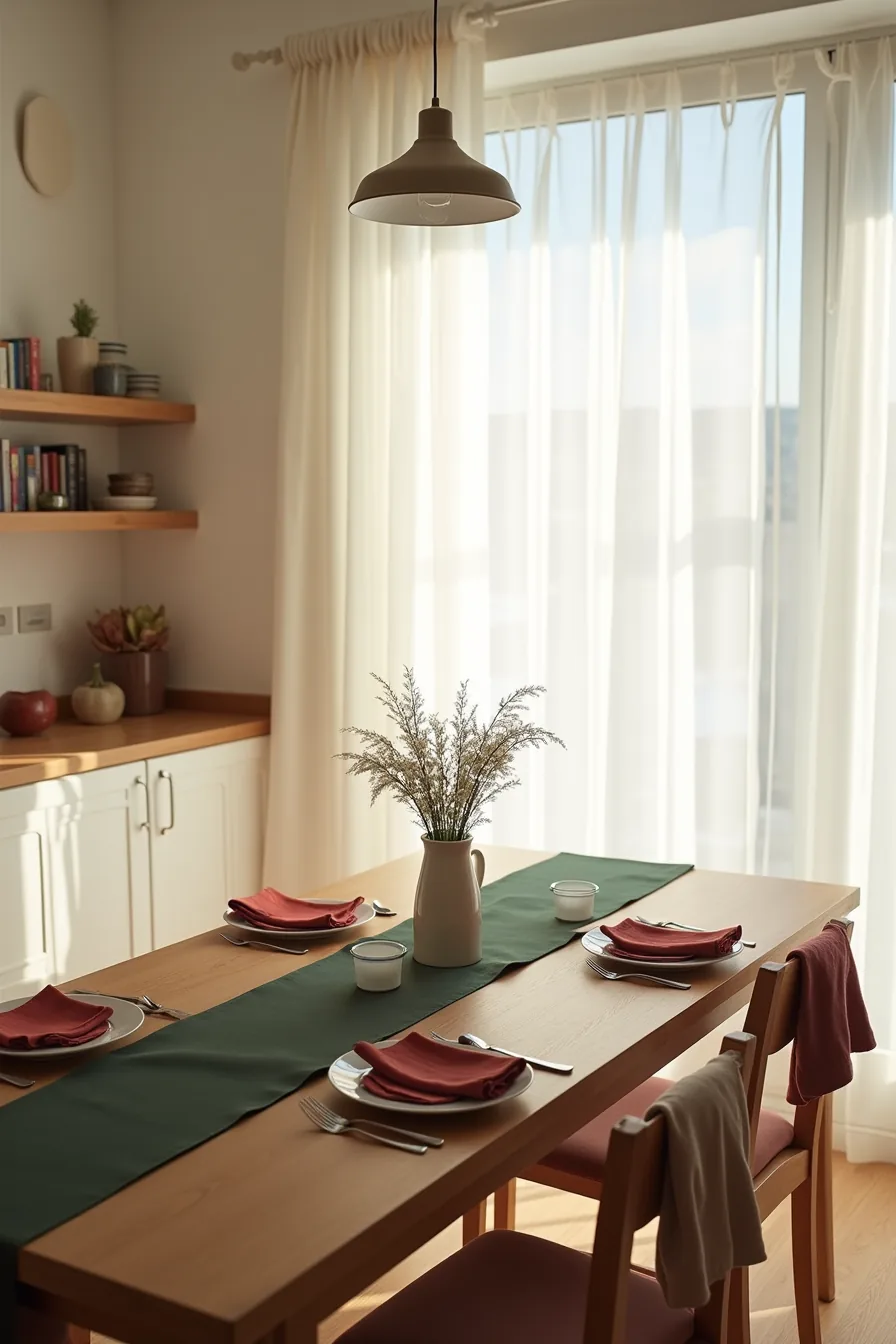 Dark green table runner with red linen napkins at each place setting and a cream dish towel on a chair.