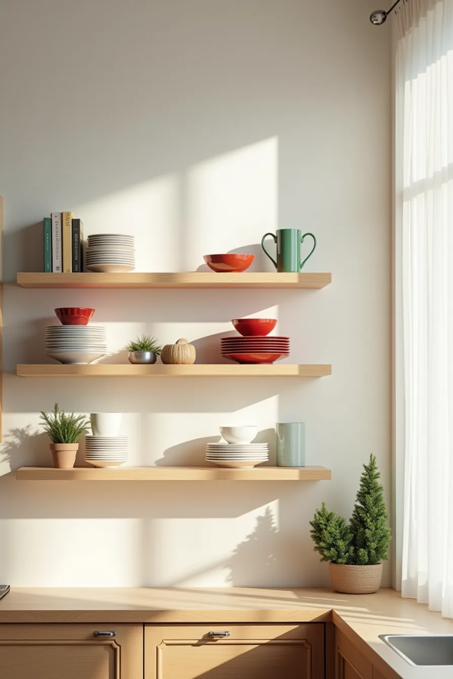 Open kitchen shelves with white plates, red bowls, green mugs, and small potted evergreens arranged in tiers.