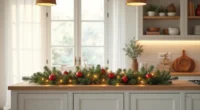 Fresh pine garland with red ornaments and gold lights draped across a kitchen island countertop.