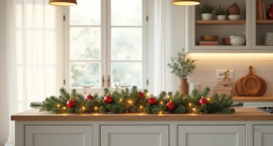 Fresh pine garland with red ornaments and gold lights draped across a kitchen island countertop.