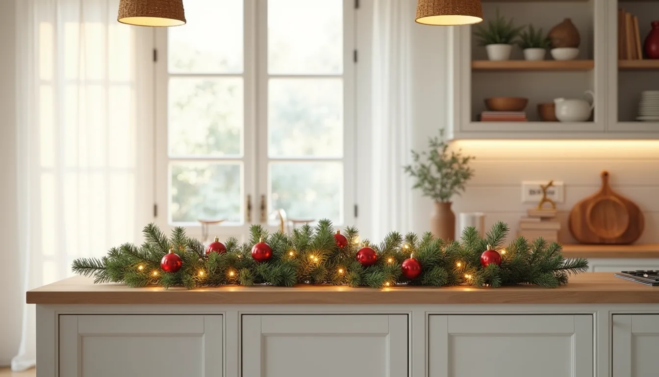 Fresh pine garland with red ornaments and gold lights draped across a kitchen island countertop.