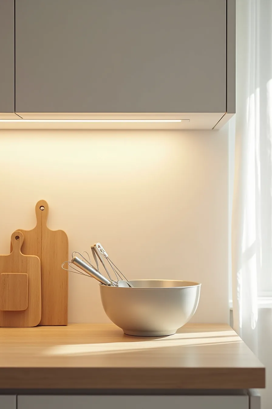 Warm white LED strip lighting under kitchen cabinets illuminating a countertop with a mixing bowl and utensils.