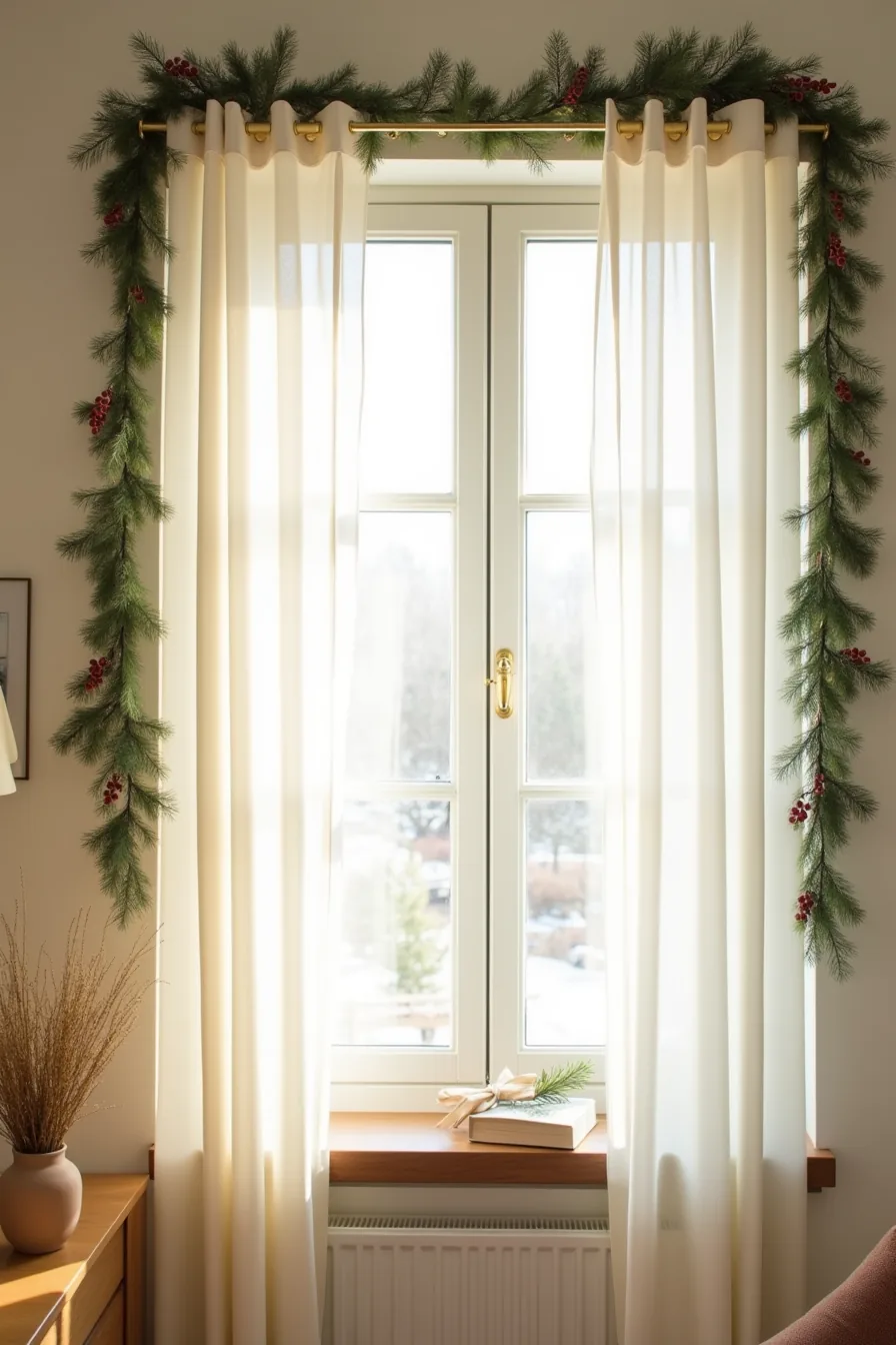 Faux garland with berries and foliage wrapped around a kitchen window frame with adhesive hook attachments.