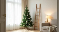 A matte green artificial Christmas tree in a living room corner with cream ornaments, a wooden ladder nearby, and linen