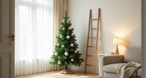 A matte green artificial Christmas tree in a living room corner with cream ornaments, a wooden ladder nearby, and linen