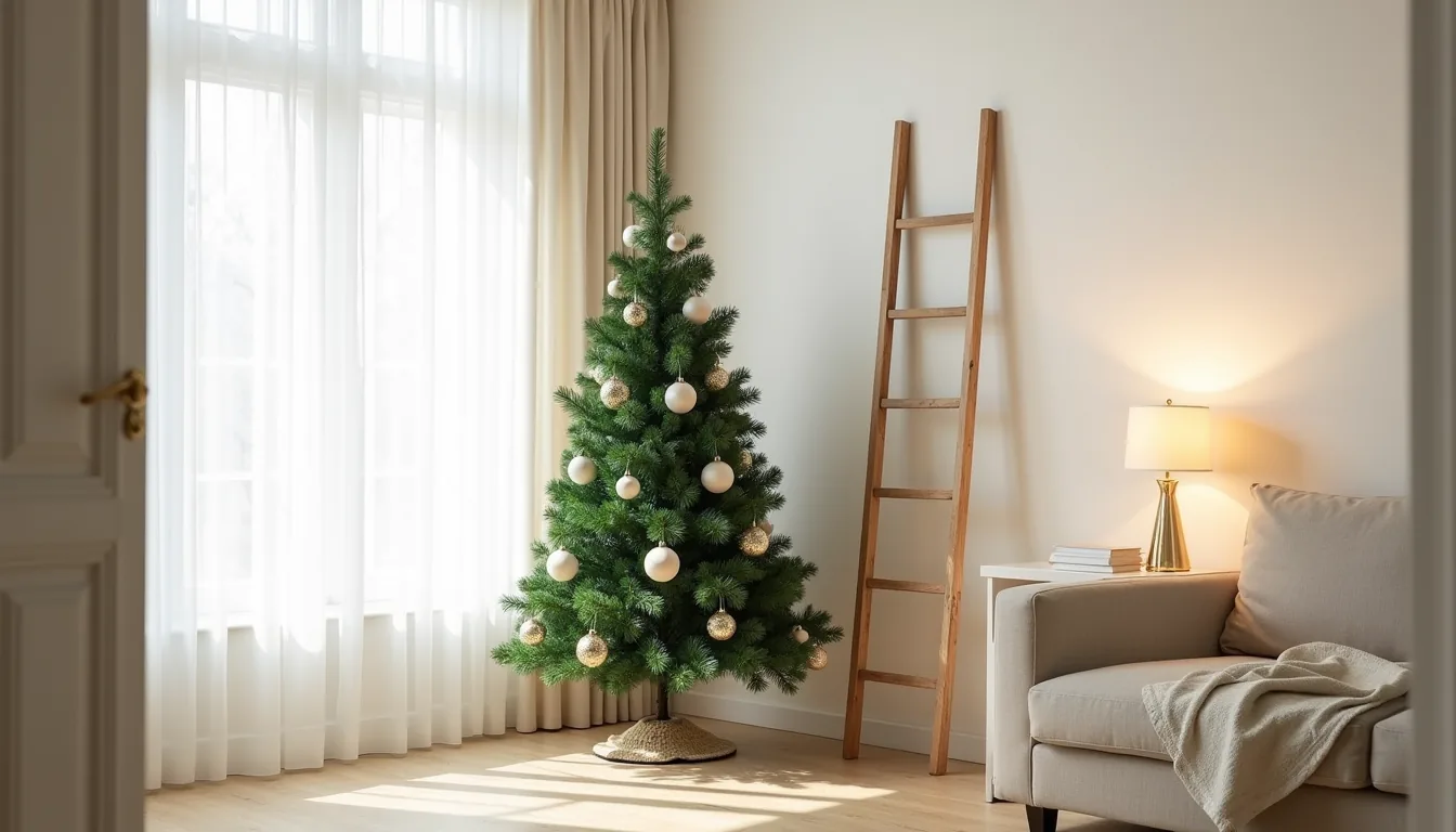 A matte green artificial Christmas tree in a living room corner with cream ornaments, a wooden ladder nearby, and linen