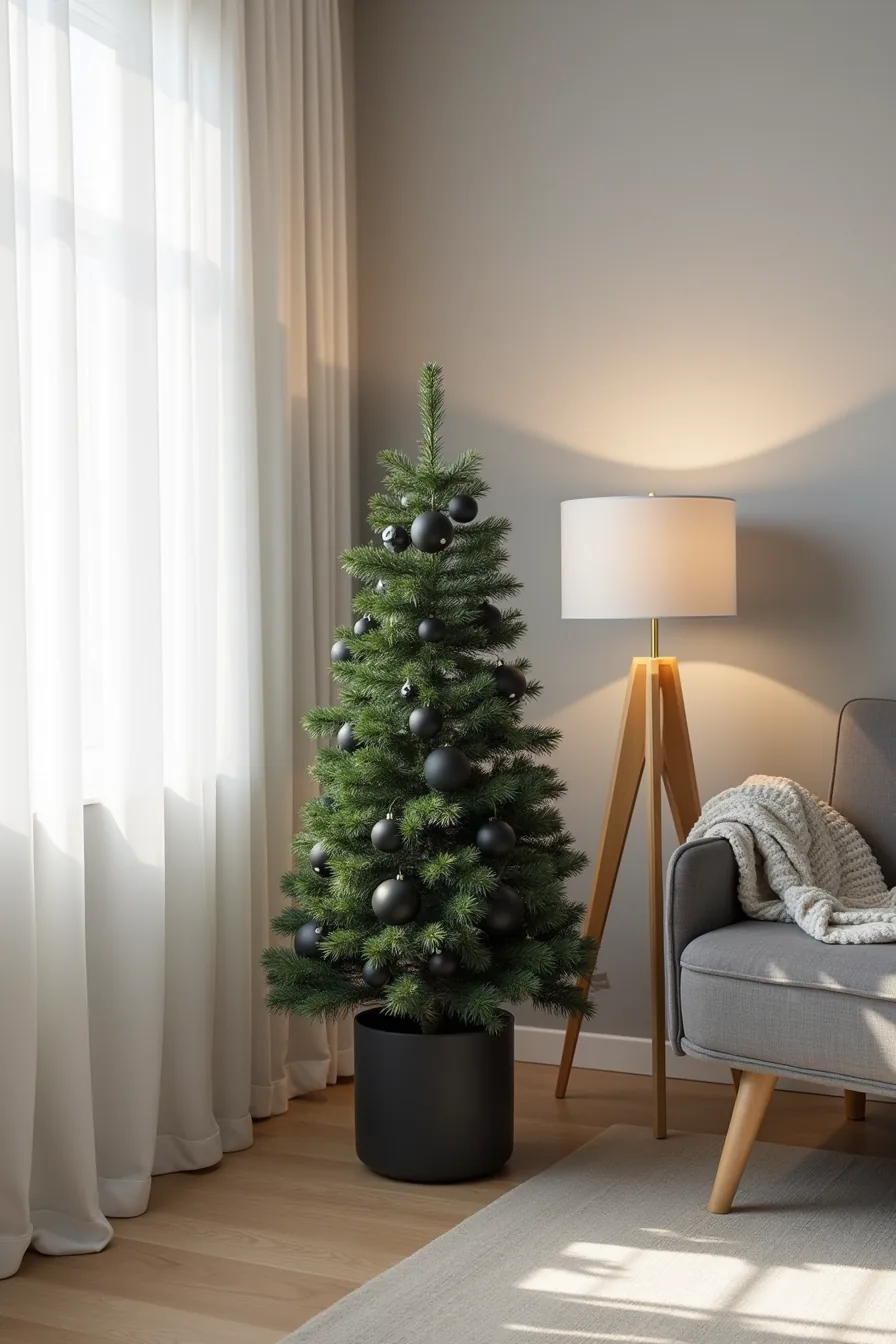 Black evergreen tree in concrete planter decorated entirely with black and charcoal ornaments against gray wall.