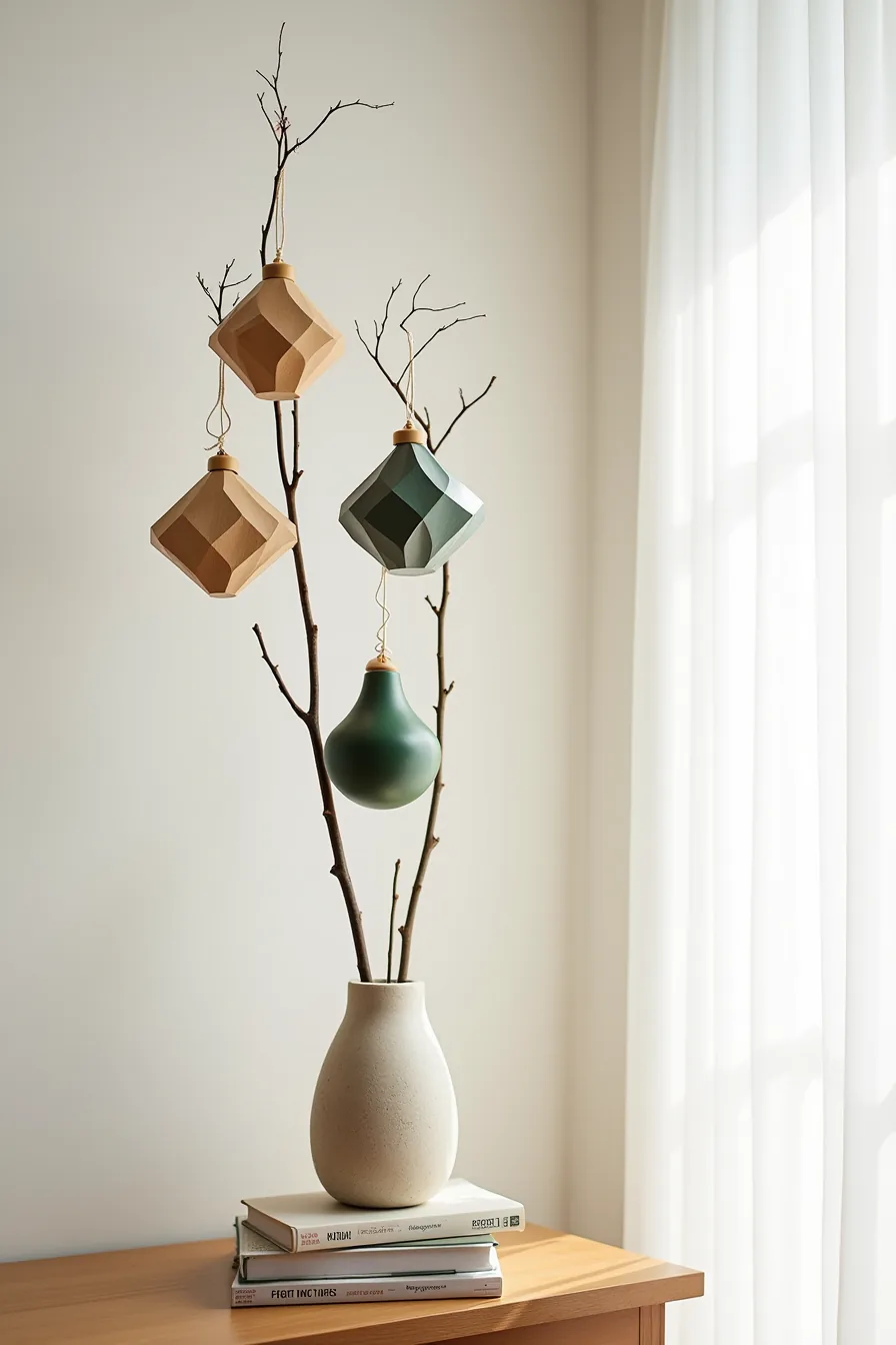 Bare branch in stone vase displays four large geometric wooden ornaments in natural and green tones with spacing between.