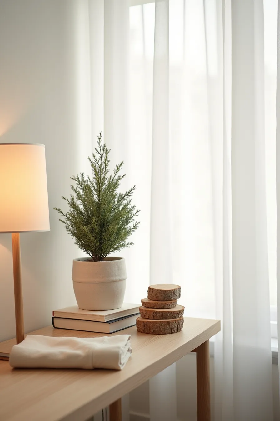 Console table arrangement features potted evergreen in linen wrap, stacked wood rounds, and folded cream cloth.