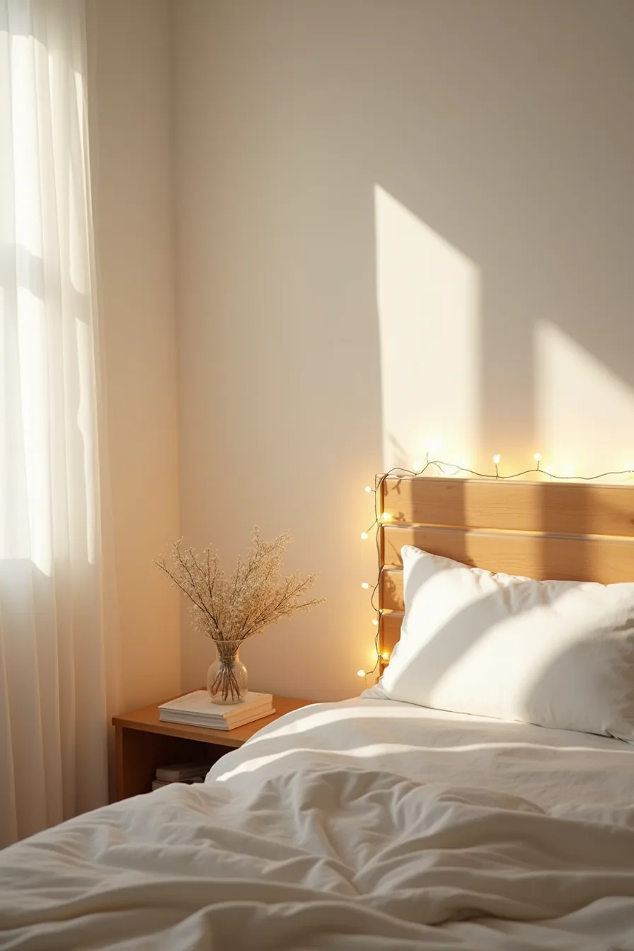 Warm white string lights wrapped horizontally around wooden headboard casting soft shadows on bedroom wall at night.