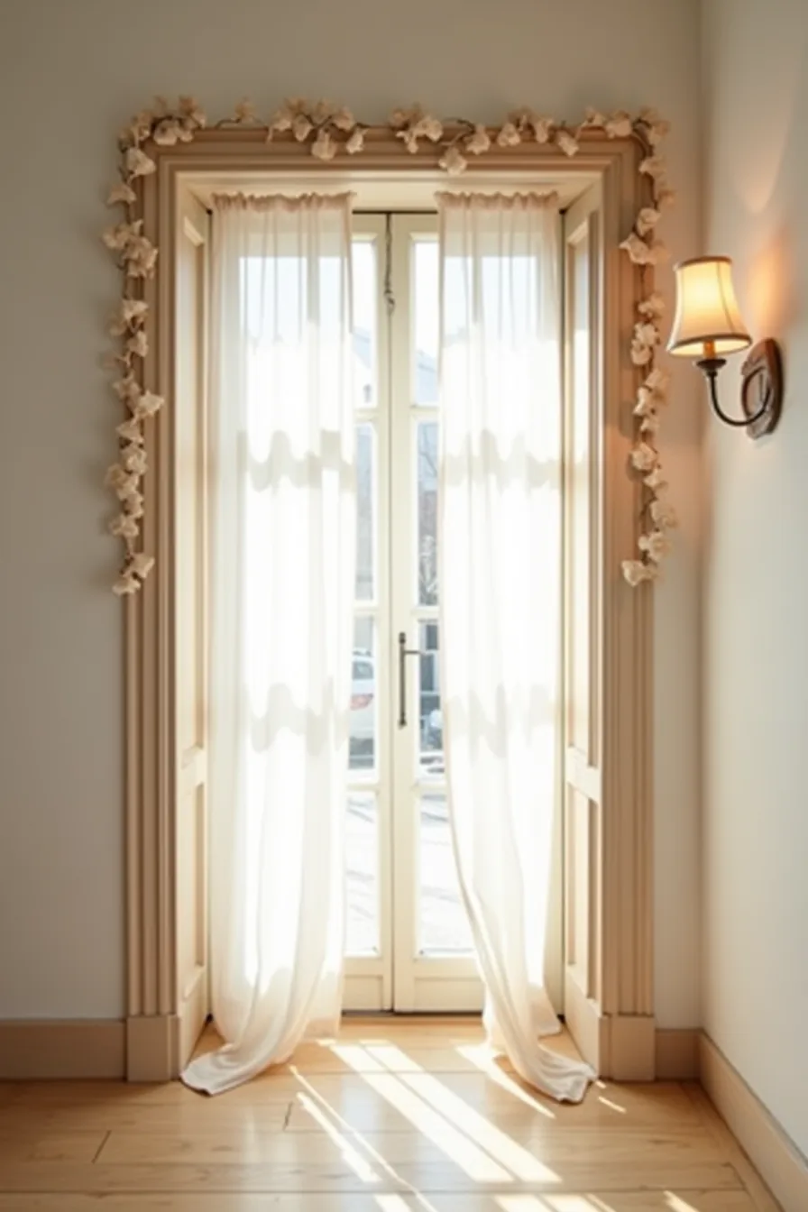 Natural linen garland draped across wooden doorframe top with adhesive strips, no additional decorations.