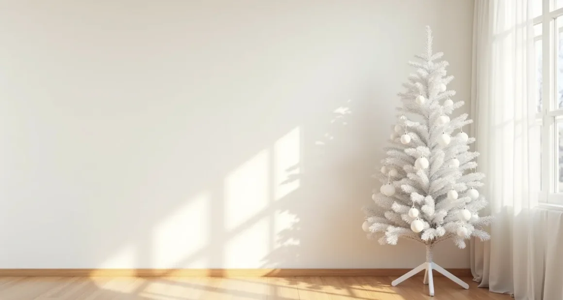 Tall white Christmas tree with white ornaments and ribbon stands in corner against pale wall with hardwood flooring.
