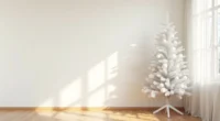 Tall white Christmas tree with white ornaments and ribbon stands in corner against pale wall with hardwood flooring.