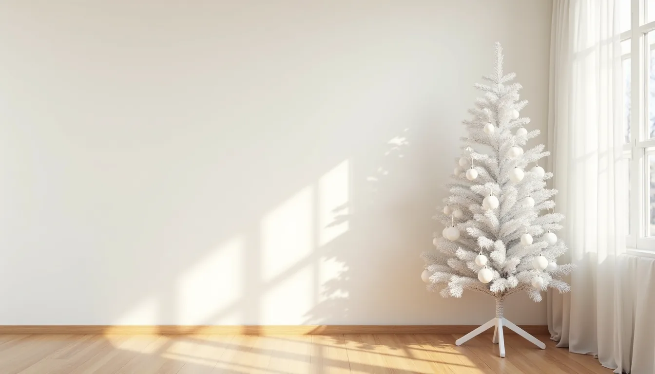 Tall white Christmas tree with white ornaments and ribbon stands in corner against pale wall with hardwood flooring.