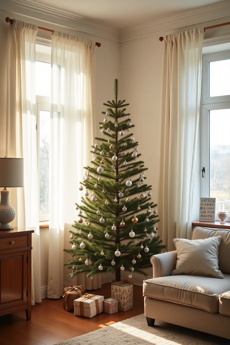 A before-and-after split-screen showing oversized ornaments on a thin tree versus properly scaled ornaments with uplighting