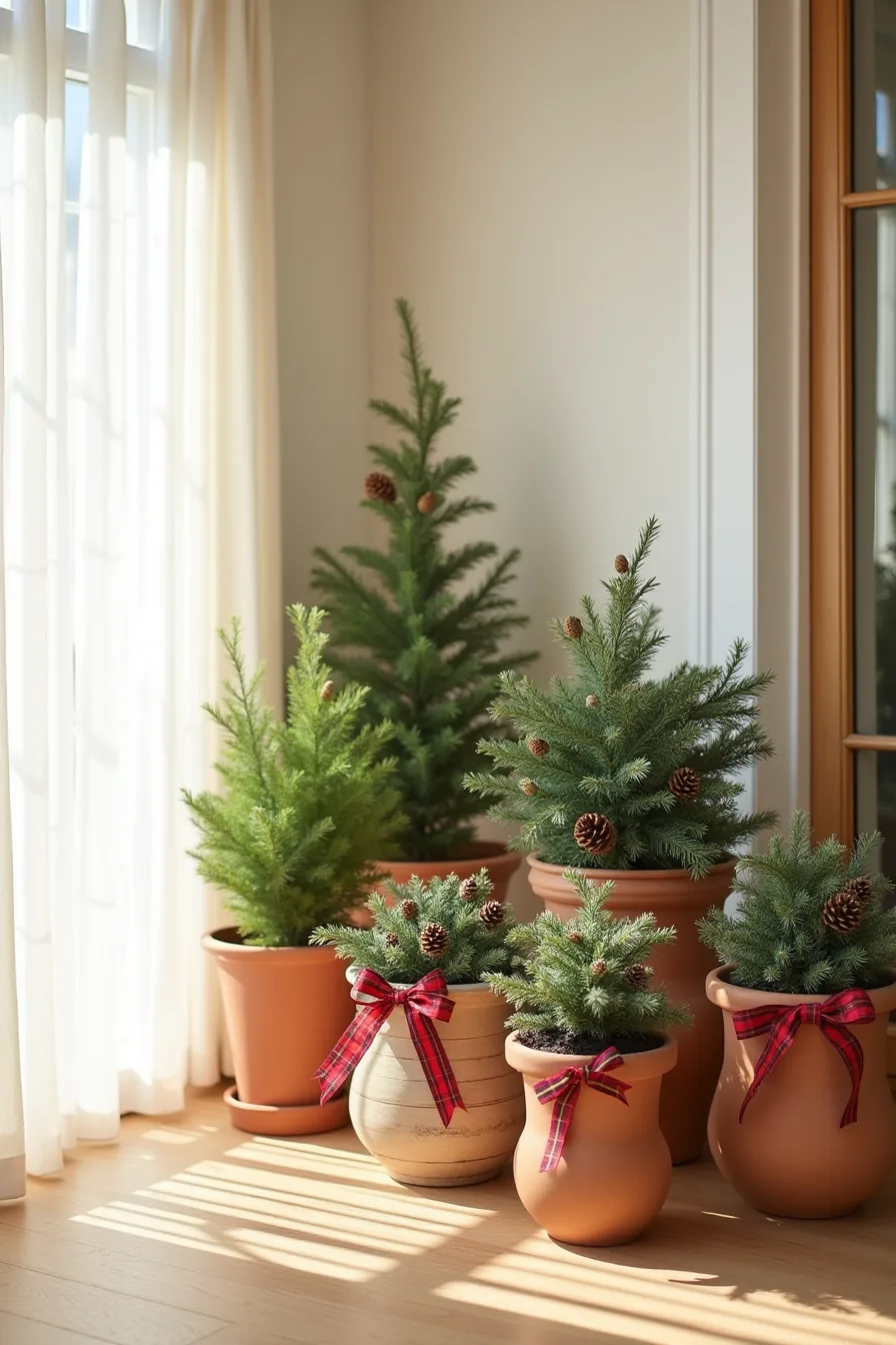 Five ceramic and terracotta planters of varying heights hold evergreen branches and pinecones tied with red and plaid ribbon
