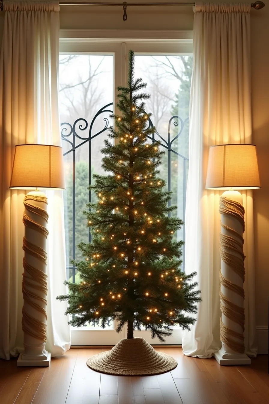 A white-lit evergreen tree stands centered in a landscape bed, flanked by ribbon-wrapped columns with a wrought-iron gate