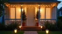 Warm string lights drape across a front porch railing with a potted evergreen beside the door and solar pathway stakes