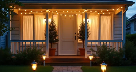 Warm string lights drape across a front porch railing with a potted evergreen beside the door and solar pathway stakes
