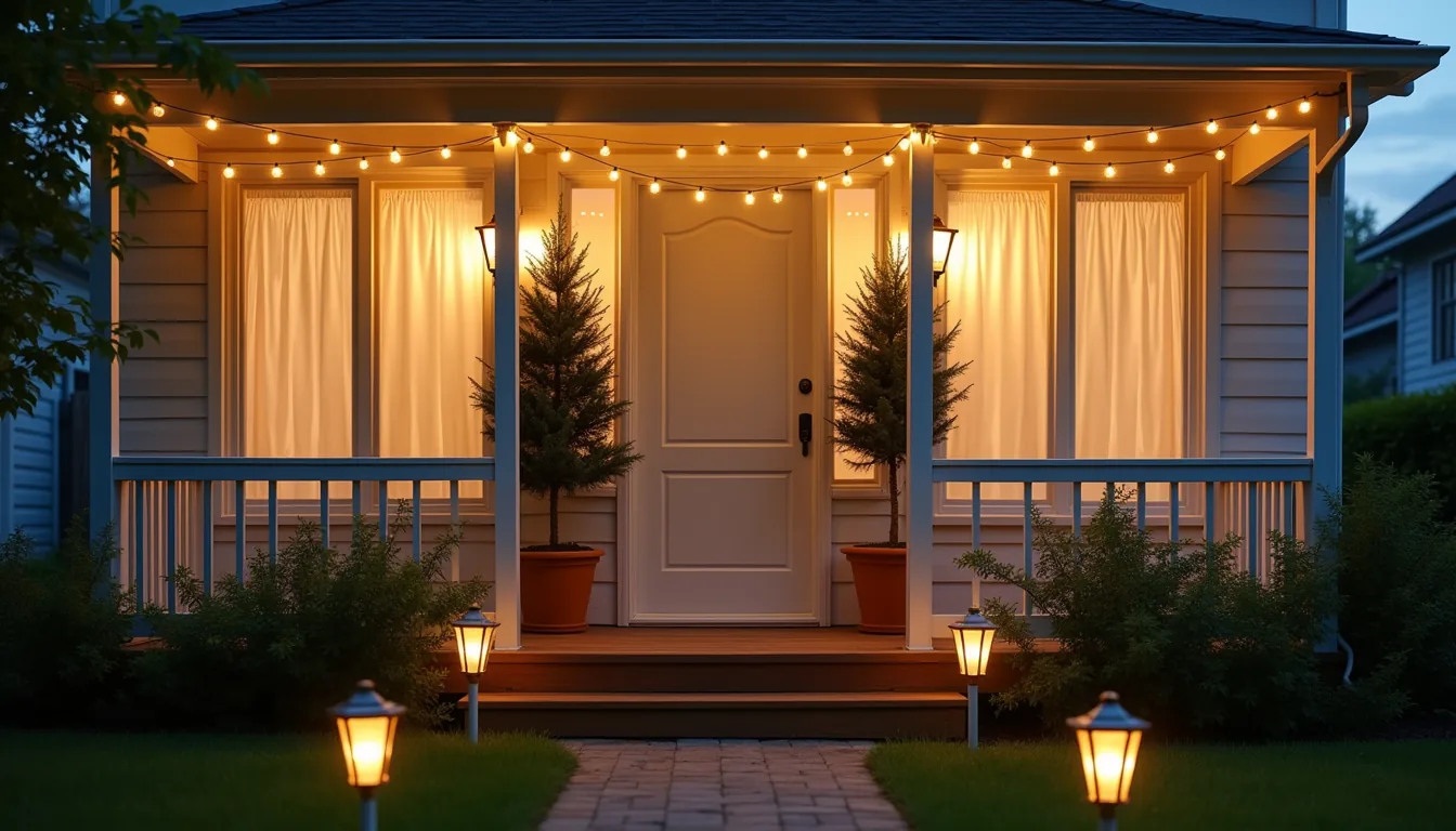 Warm string lights drape across a front porch railing with a potted evergreen beside the door and solar pathway stakes