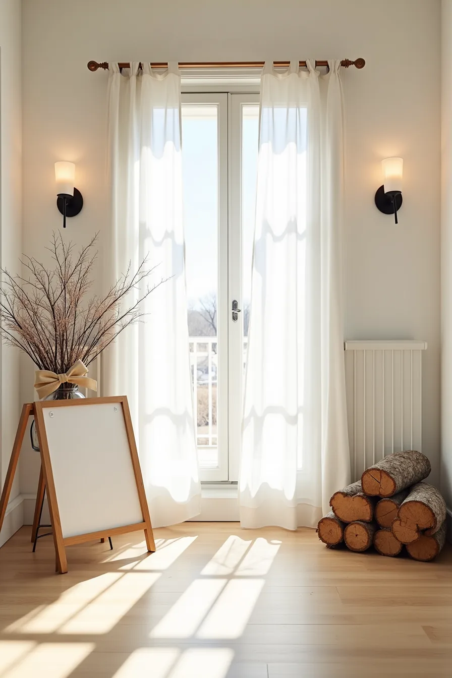 A rustic entryway displays a wooden A-frame sign, wrought-iron plant stand with branches, fabric bows on posts, and stacked