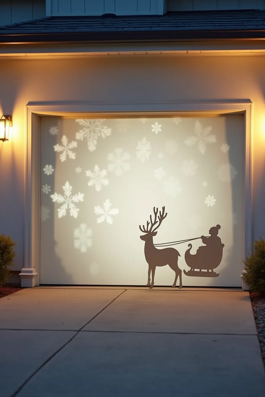 Animated snowflake projections cover a garage wall beside a mounted reindeer and sleigh silhouette cutout, with the