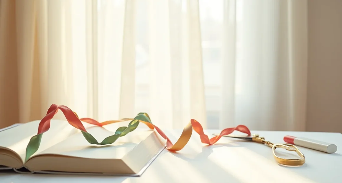Scissors, colored paper strips, glue stick, and red, green, and gold paper chain links arranged on a white surface.