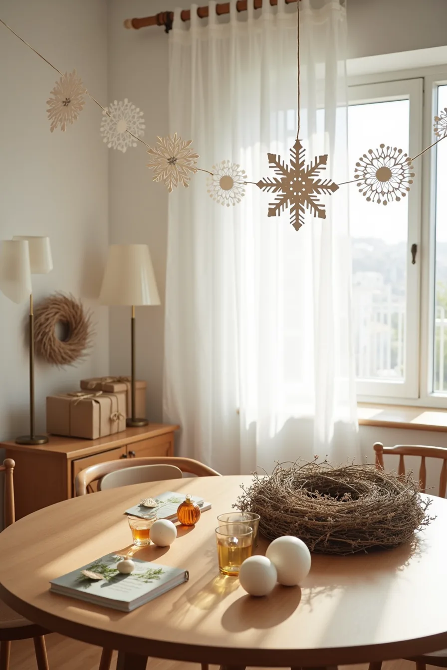 A dining table decorated with paper snowflake garland, vintage glass ornaments in clear and amber tones, a branch and twine