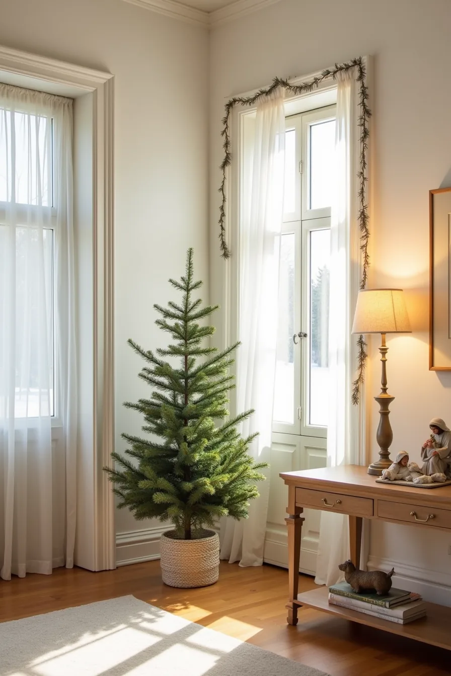 A slim pencil Christmas tree beside a tension rod with garland and removable hooks, with a ceramic nativity set on a nearby