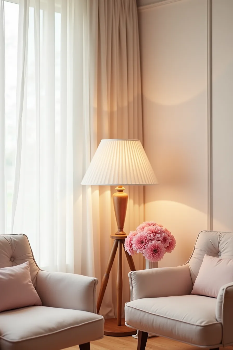 Before-and-after corner comparison showing cluttered pink decor corrected to restrained, coordinated styling with proper