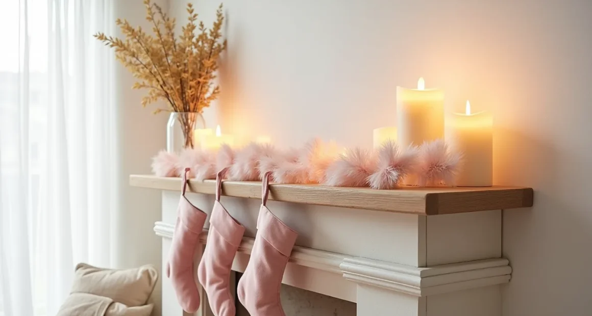 Fireplace mantel styled with blush velvet stockings, gold branches, cream candles, and asymmetrical pink garland.