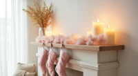 Fireplace mantel styled with blush velvet stockings, gold branches, cream candles, and asymmetrical pink garland.
