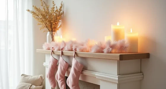 Fireplace mantel styled with blush velvet stockings, gold branches, cream candles, and asymmetrical pink garland.