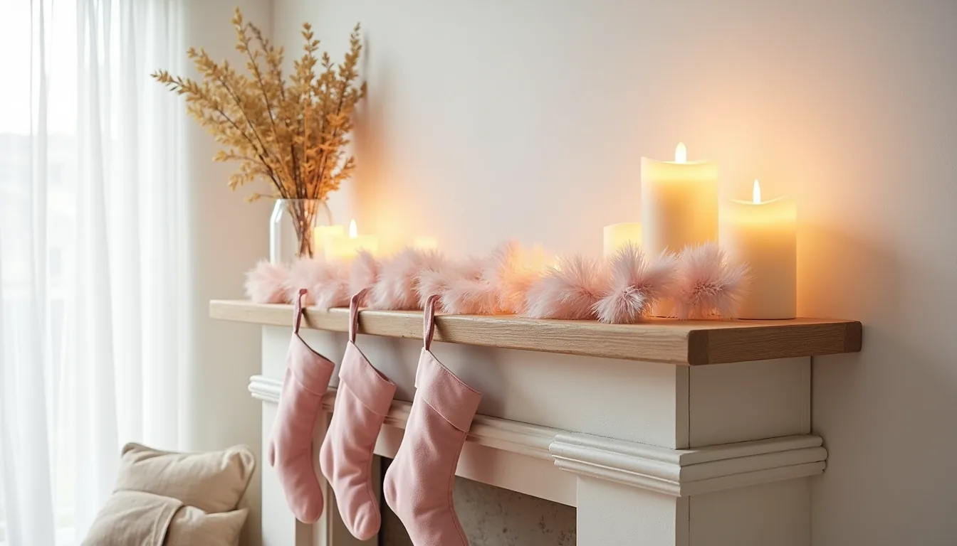 Fireplace mantel styled with blush velvet stockings, gold branches, cream candles, and asymmetrical pink garland.