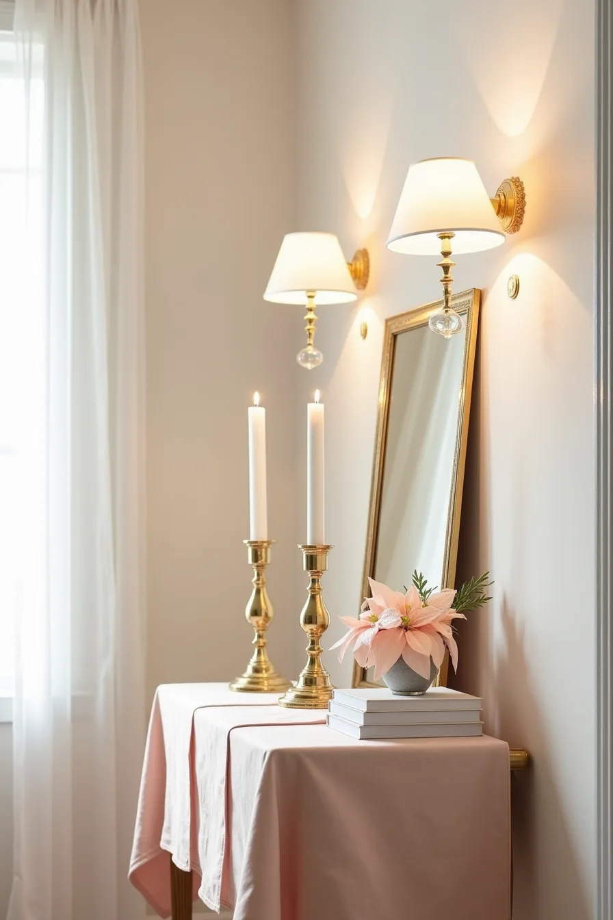 Console table with linen runner, gold candlesticks, white candles, pink poinsettias, and leaning gold mirror.