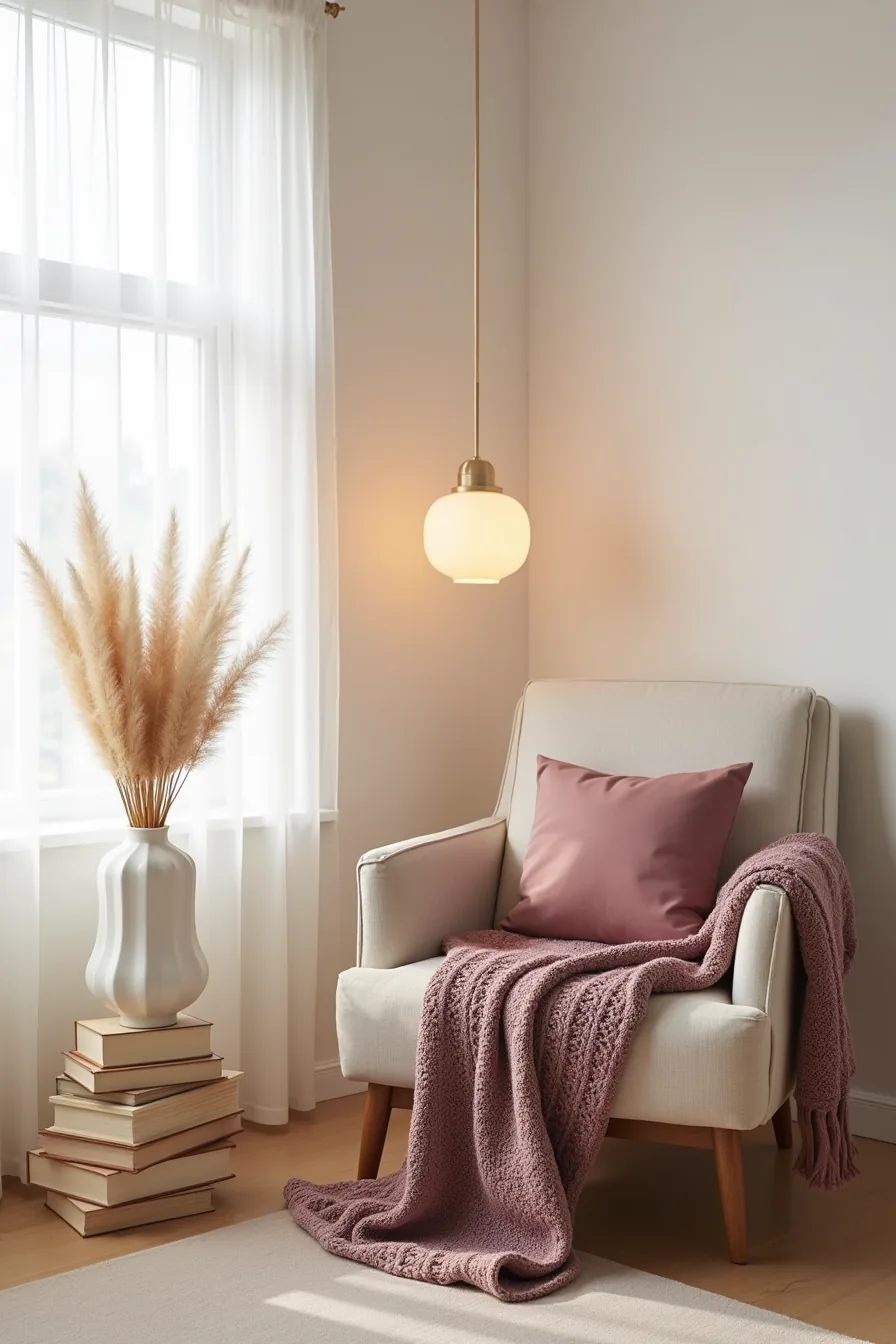 Bedroom corner displaying mauve throw, cream ceramic vase with pampas grass, stacked boxes, and mauve pillow.