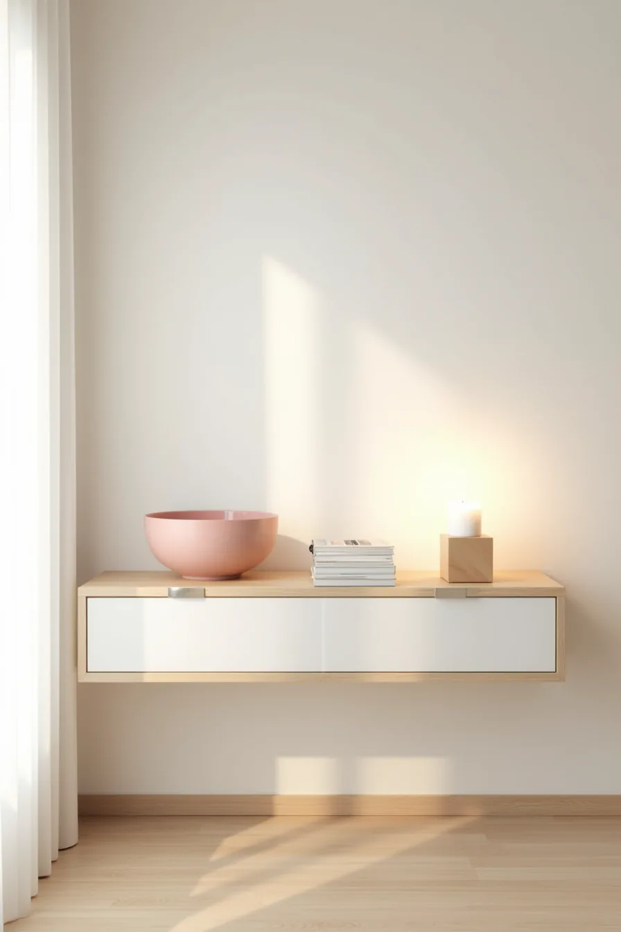 Minimalist shelf with mid-tone pink bowl, white candle, wood cube, and breathing room between items.