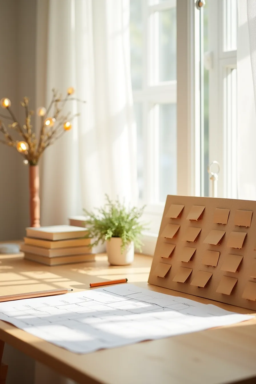 Printed grid sheet with numbered boxes positioned next to a wooden pegboard holding kraft envelopes in clipped rows.
