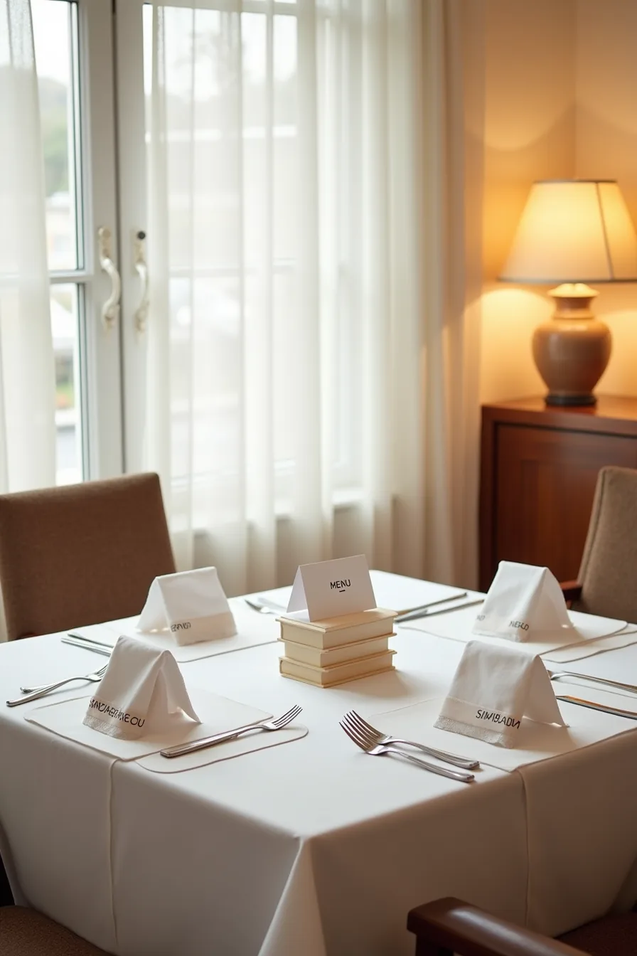 Dining table for four with folded place cards, printed napkin rings, and menu cards arranged on white tablecloth.
