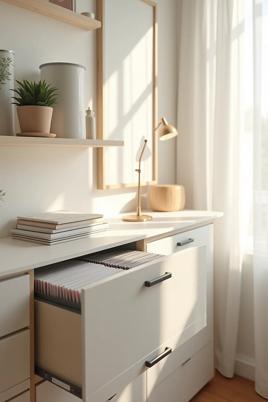 Storage shelf with laminated sheets in clear protectors organized in labeled bins and a flat file drawer with template