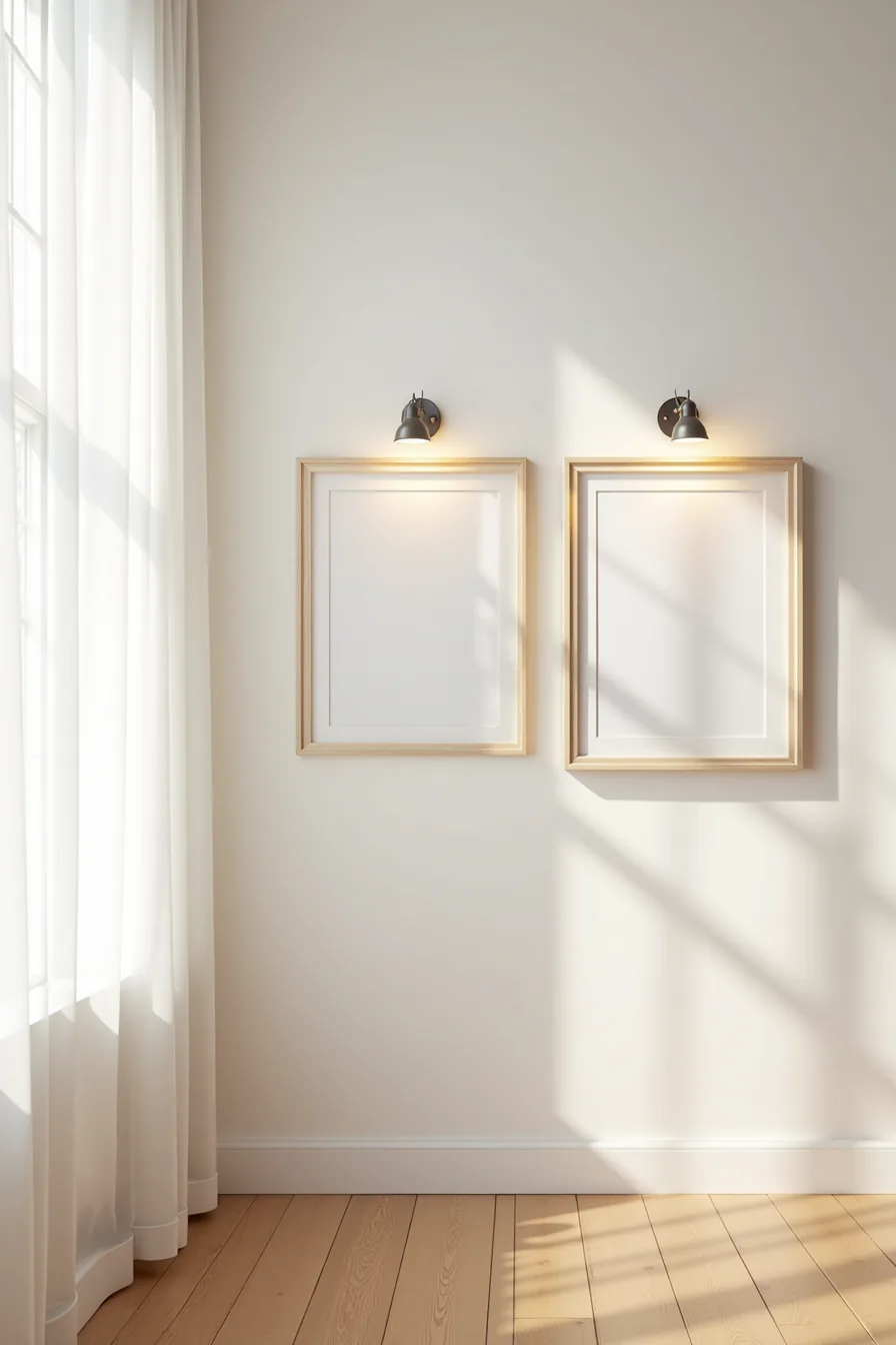 Three frames of increasing sizes hung in staggered arrangement on a plain wall, each displaying solid-color backing.