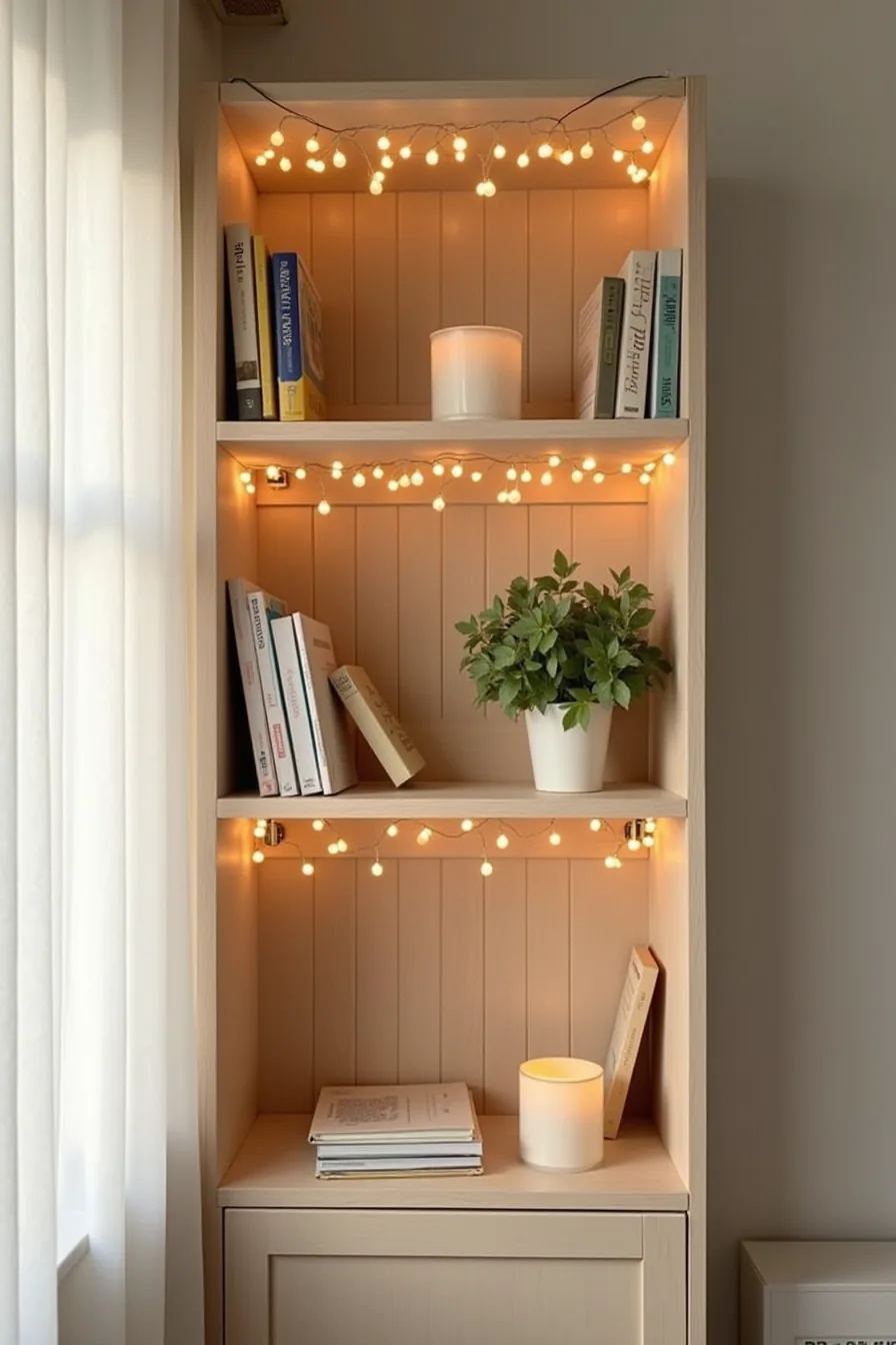 Bookshelf with string lights, battery candles, and clip lamp creating layered holiday lighting.