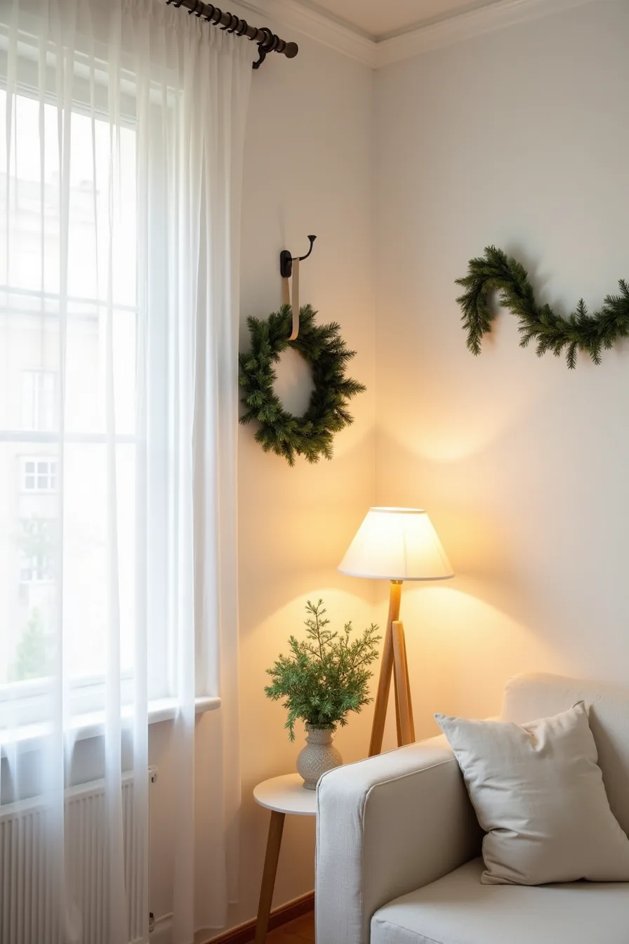 Command hooks hold a wreath and garland swag; sheer fabric with ornaments hangs on tension rod.