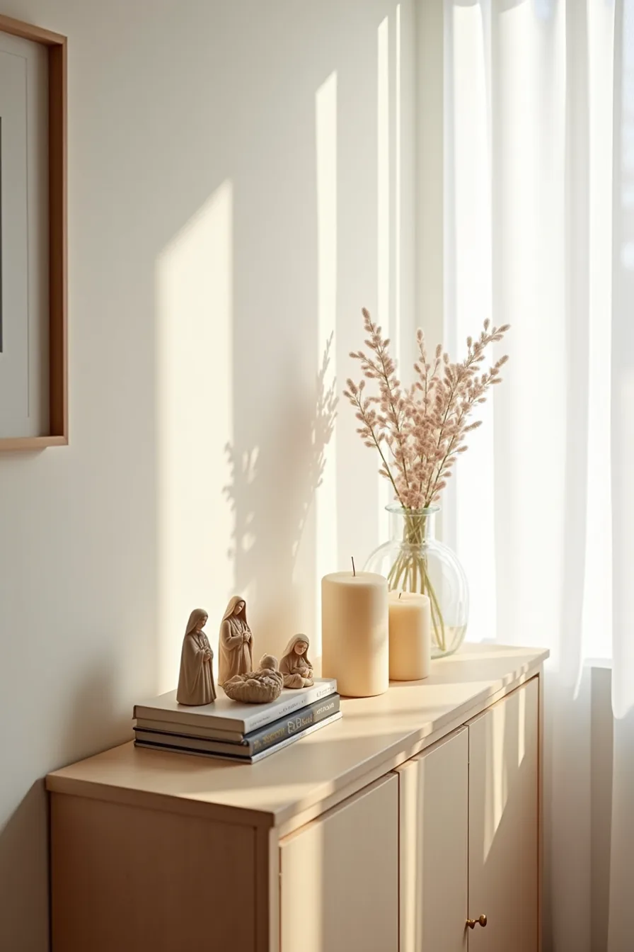 Console table displays nativity figures on left, varying-height candles in center, branches in vase on right.